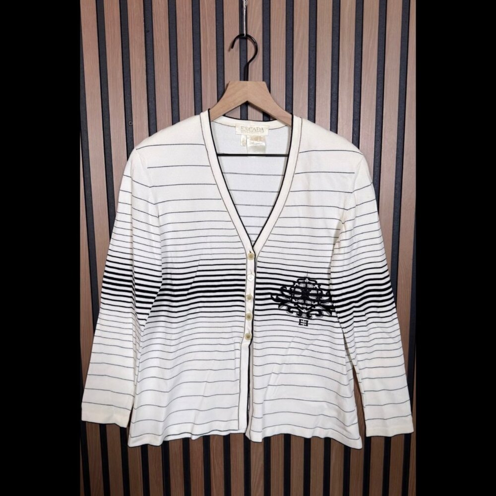 Escada Cardigan 42 / US L Womens White Striped Sweater Button Front Stretch